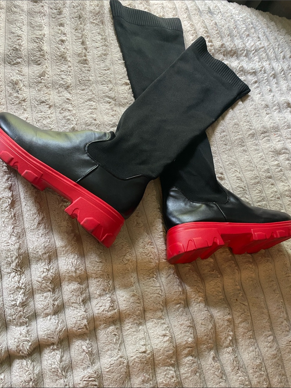 Women’s Black Stretch-Knit Tall Boots with Red Chunky Sole - Size US 7 -